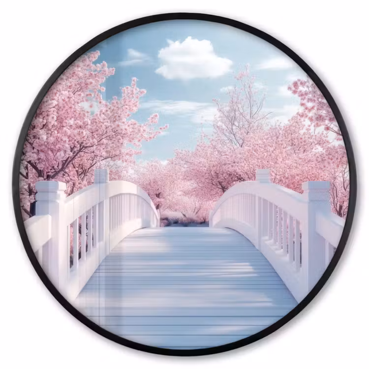 Ronde fotolijst - Brug - Kersenbomen - Wit — 1