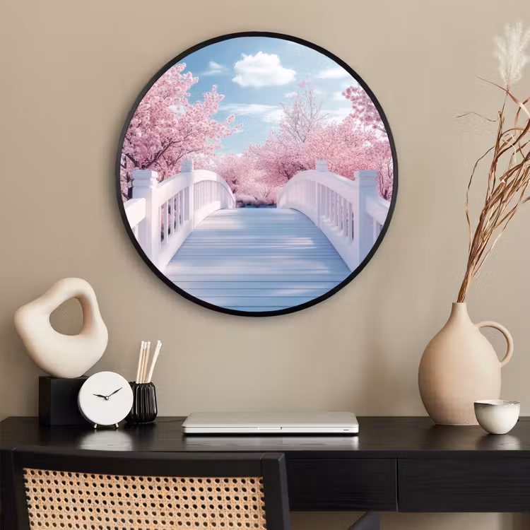 Ronde fotolijst - Brug - Kersenbomen - Wit — 2