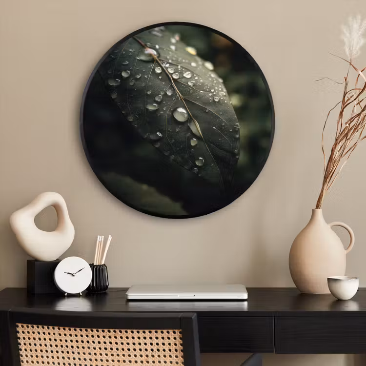 Ronde fotolijst - Blad - Groen - Nerven - Regendruppels — 2