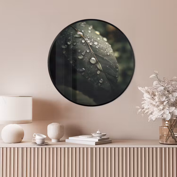 Ronde fotolijst - Blad - Groen - Nerven - Regendruppels — 4