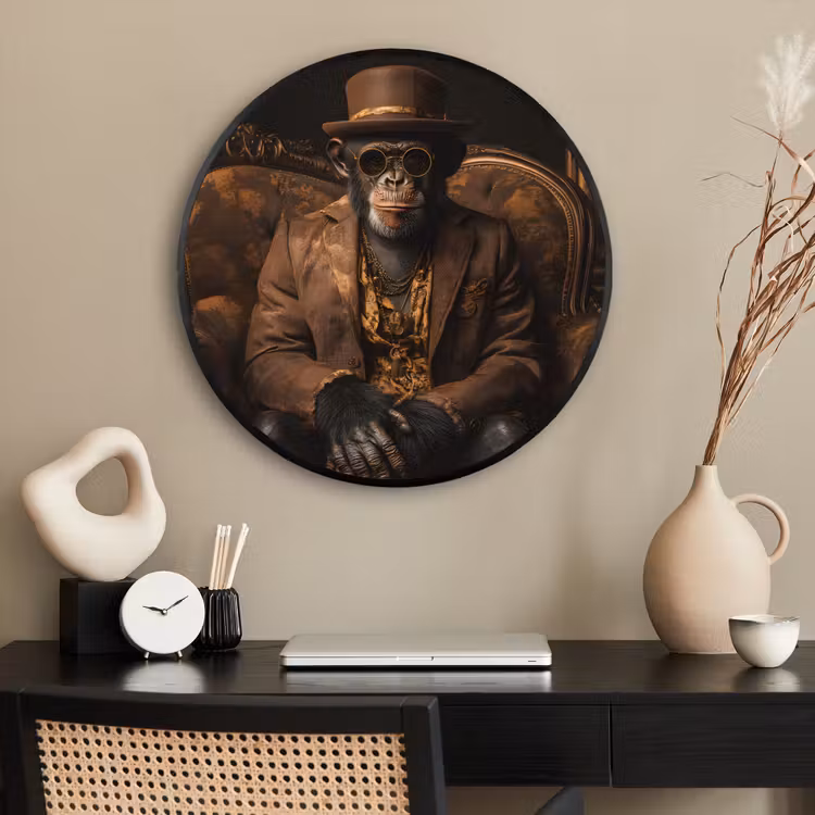 Ronde fotolijst - Chimpansee - Stoel - Pak - Bruin — 2