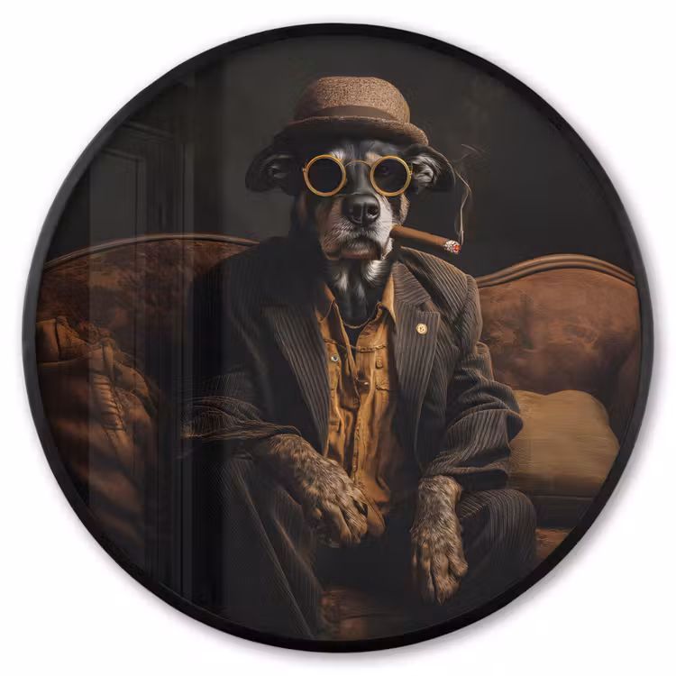 Ronde fotolijst - Hond - Sigaar - Hoed - Pak — 1