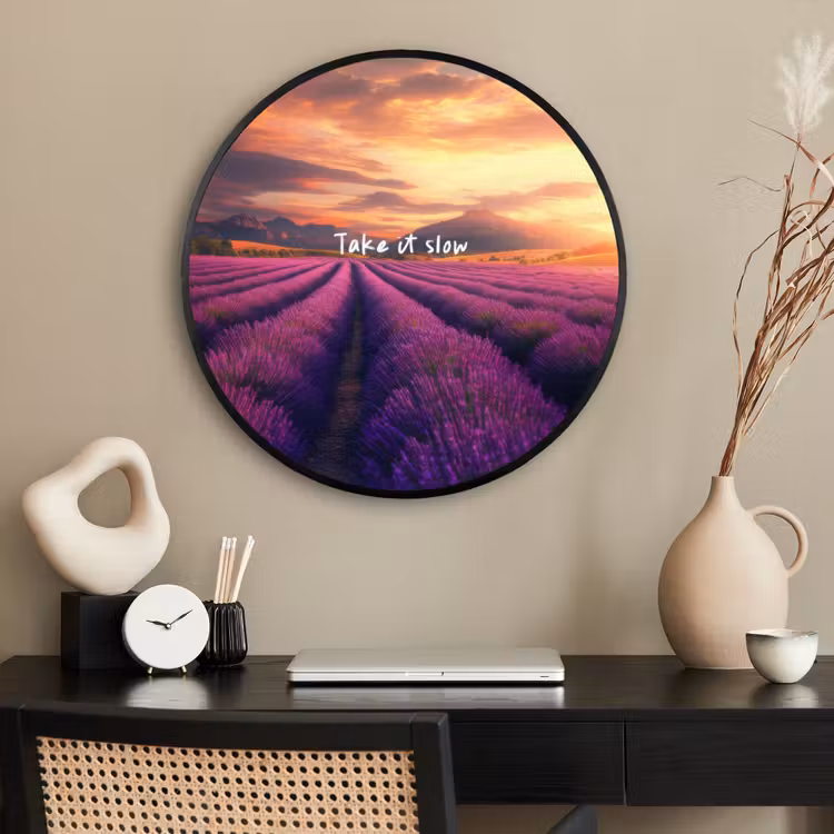 Ronde fotolijst - Lavendelveld - Quote - Zonsondergang — 2