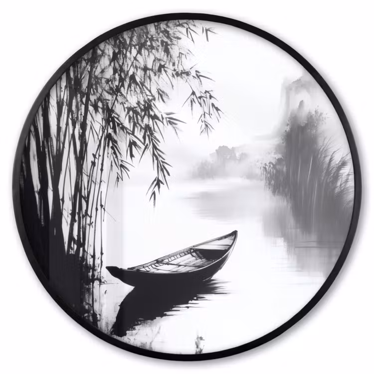 Ronde fotolijst - Boot - Rivier - Bamboe - Wit — 1