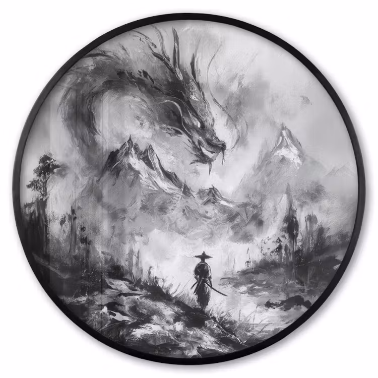 Ronde fotolijst - Krijger - Draak - Grijs — 1