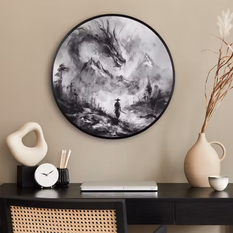Ronde fotolijst - Krijger - Draak - Grijs — 2