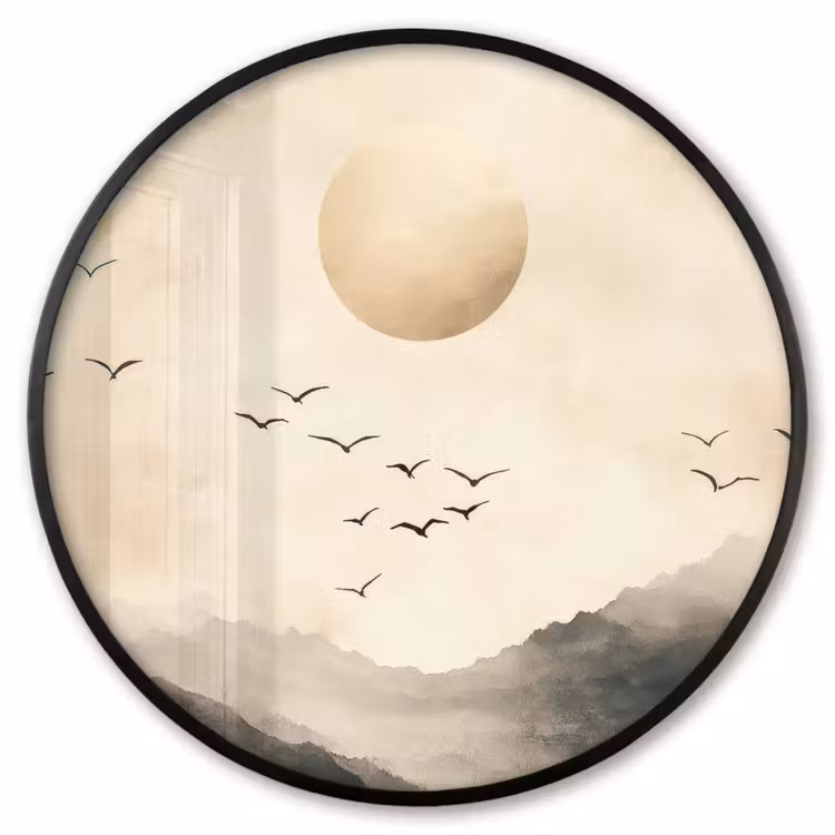Ronde fotolijst - Landschap - Japandi - vogel — 1