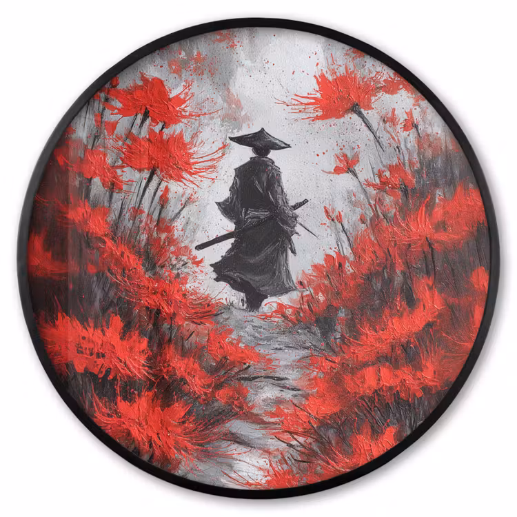 Ronde fotolijst - Rode bloemen - mistig - Man — 1