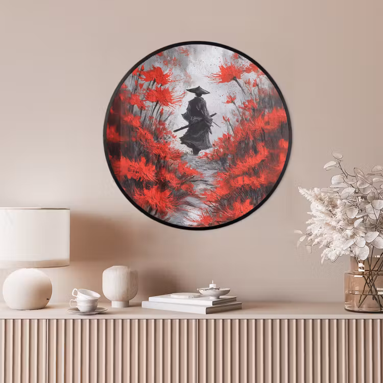 Ronde fotolijst - Rode bloemen - mistig - Man — 4