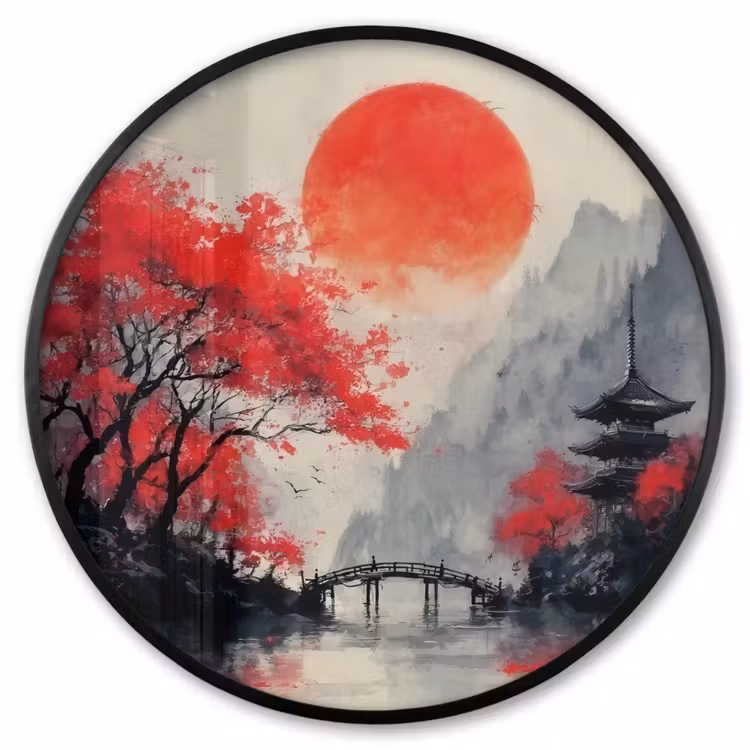 Ronde fotolijst - Rode zon - Rivier - brug - Bomen — 1