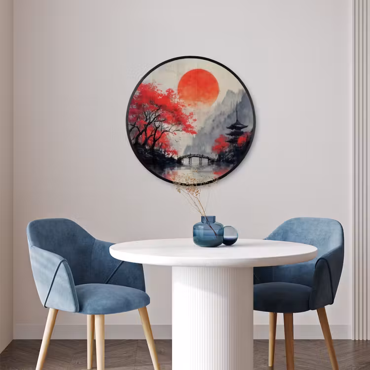 Ronde fotolijst - Rode zon - Rivier - brug - Bomen — 3