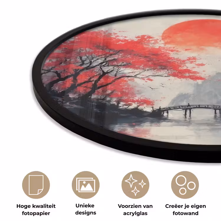 Ronde fotolijst - Rode zon - Rivier - brug - Bomen — 5