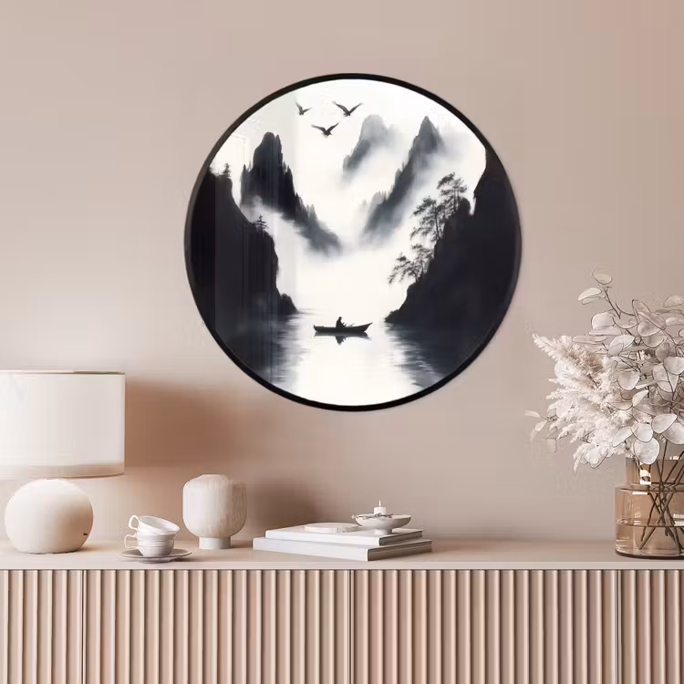 Ronde fotolijst - Roeiboot - Mistig - Bergen - Vogels — 4