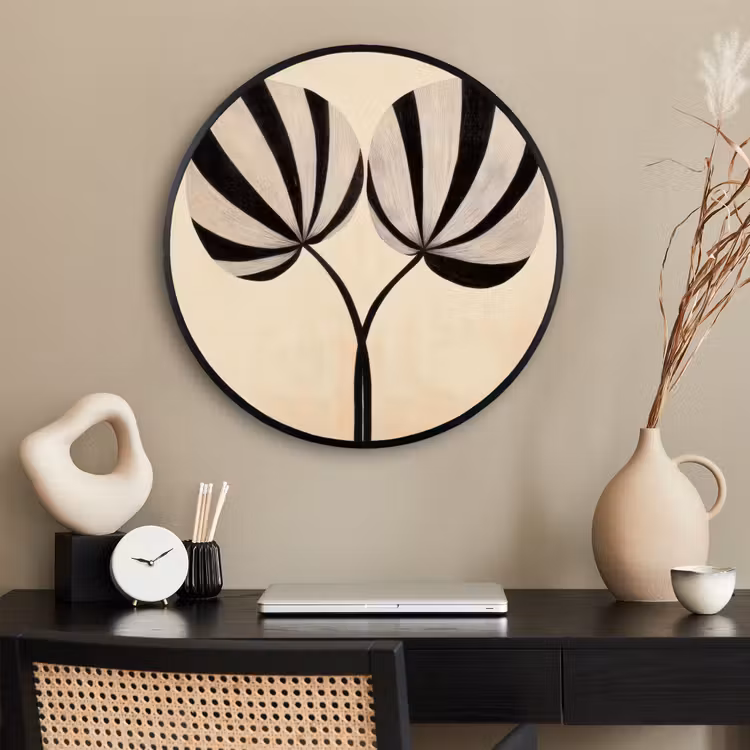 Ronde fotolijst - Bladeren - Gestreept - Stengel - Beige — 2