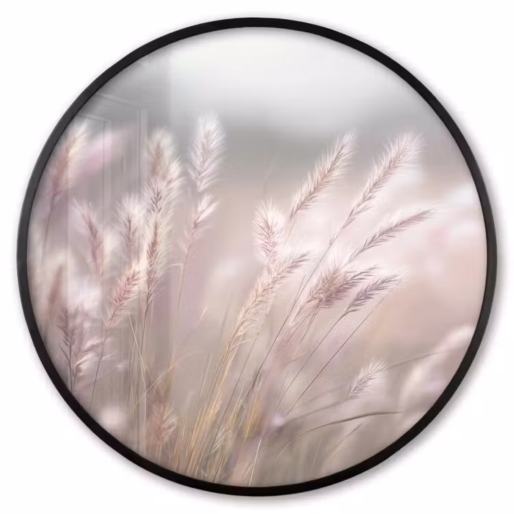 Ronde fotolijst - Graspluimen - Wind - Beige - Mistig — 1