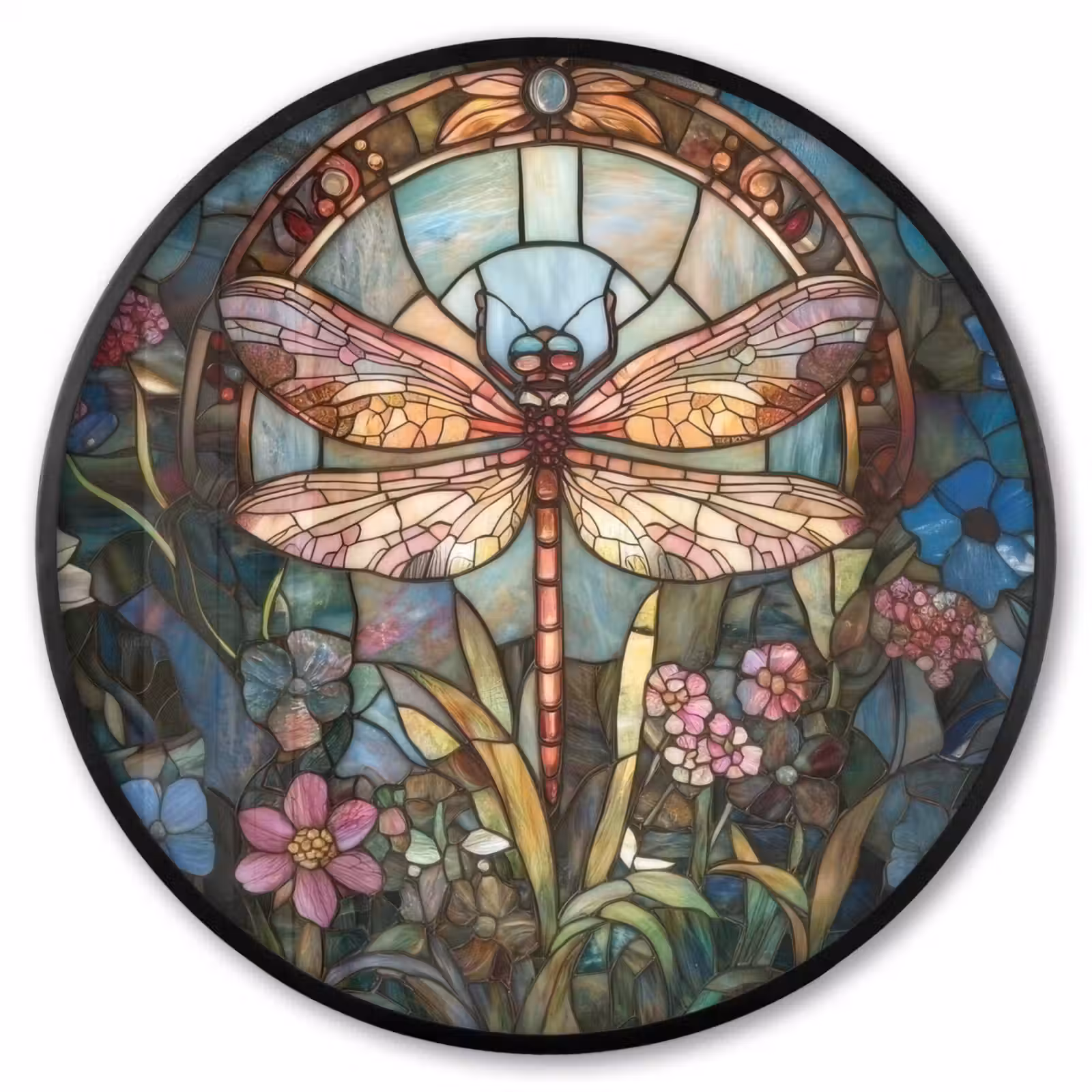 Ronde fotolijst - Libelle - Mozaïek - Bloemen - Kleurrijk — 1