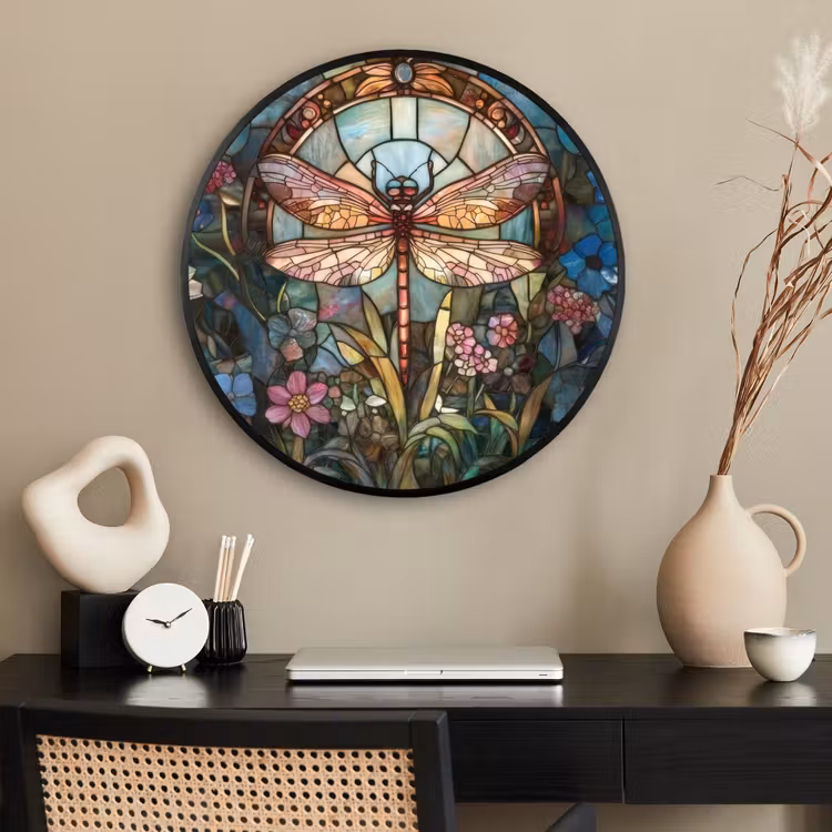 Ronde fotolijst - Libelle - Mozaïek - Bloemen - Kleurrijk — 2