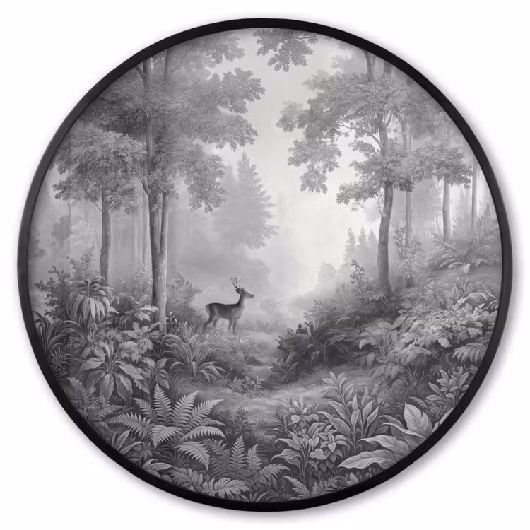 Ronde fotolijst - Bos - Hert - Zwart - Wit — 1