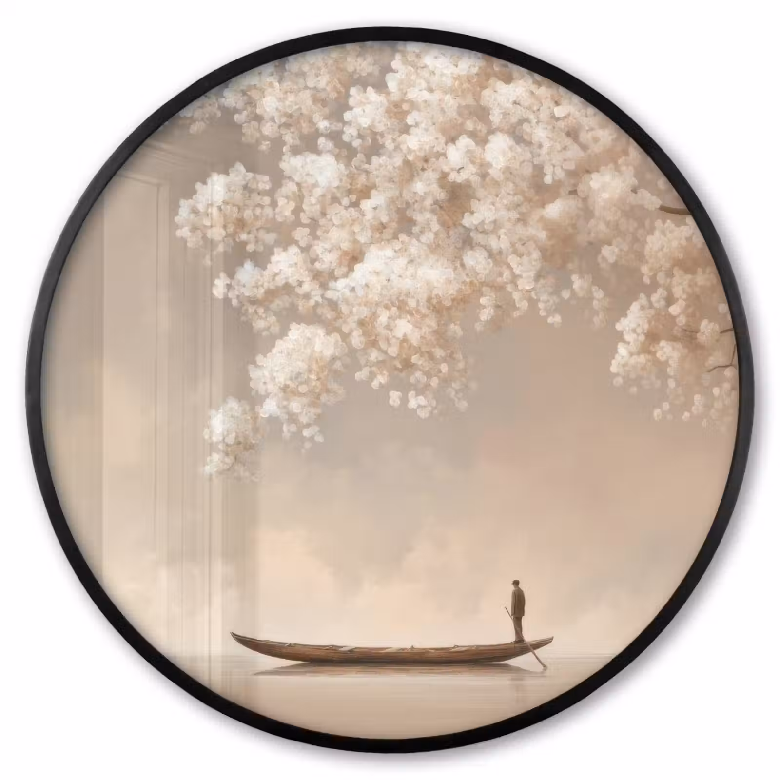 Ronde fotolijst - Bloesems - Wit - Boot - Minimalistisch — 1