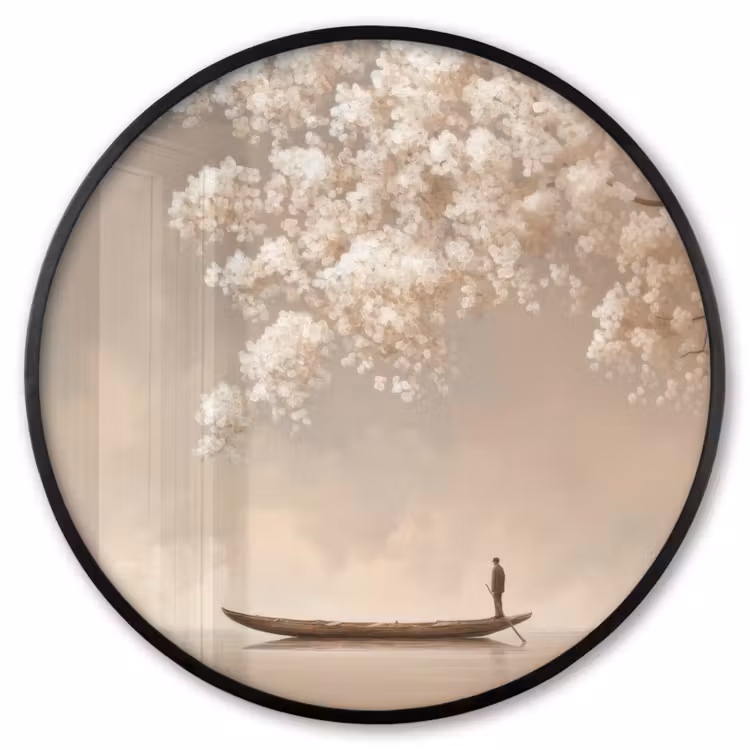 Ronde fotolijst - Bloesems - Wit - Boot - Minimalistisch — 1