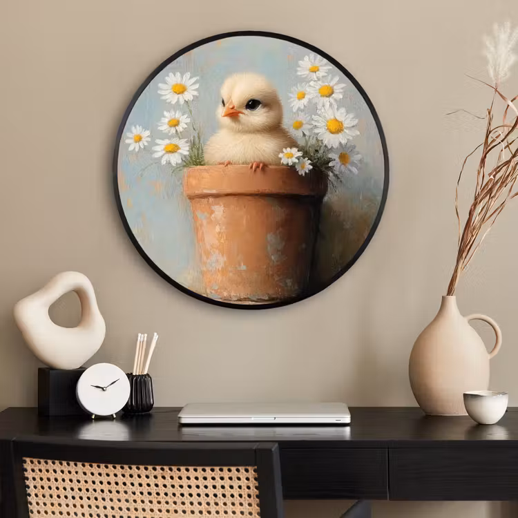 Ronde fotolijst - Bloempot - Kuiken - Bloemetjes — 2
