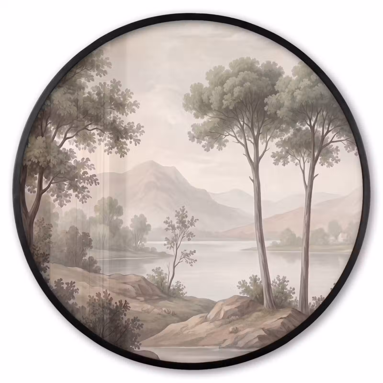 Ronde fotolijst - Bomen - Meer - Bergen - Illustratie — 1