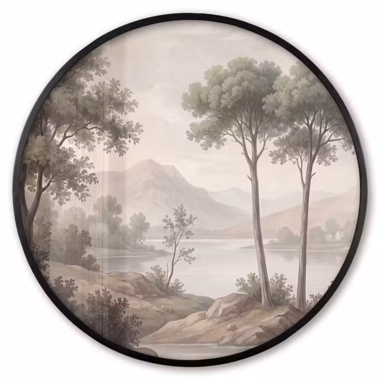 Ronde fotolijst - Bomen - Meer - Bergen - Illustratie — 1