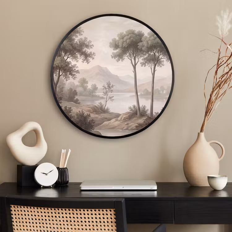 Ronde fotolijst - Bomen - Meer - Bergen - Illustratie — 2
