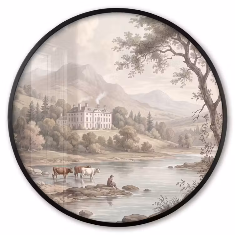 Ronde fotolijst - Landhuis - Rivier - Vee — 1