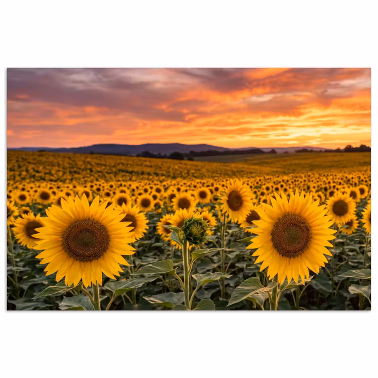 Poster - Zonnebloemen - Heuvellandschap - Geel — 1