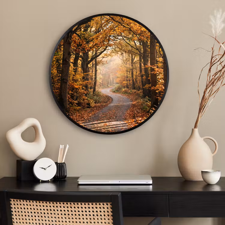 Ronde fotolijst - Bospad - Herfstbos - Bladeren - Oranje - Nostalgisch — 2