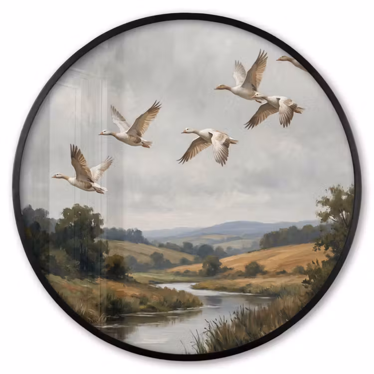 Ronde fotolijst - Eenden - Rivier - Landschap - Vlucht - Nostalgisch — 1