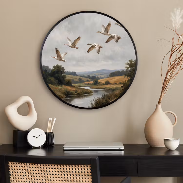 Ronde fotolijst - Eenden - Rivier - Landschap - Vlucht - Nostalgisch — 2