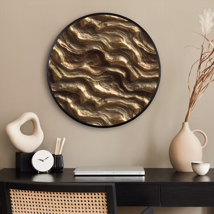 Ronde fotolijst - Reliëf - Golven - Abstract - Bronsgoud — 2