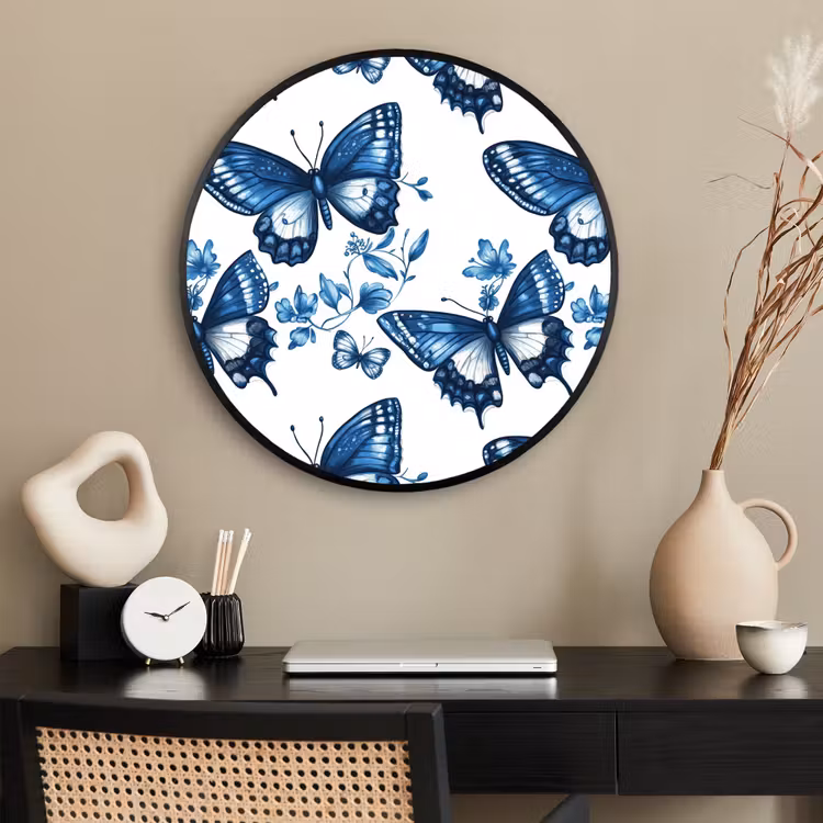 Ronde fotolijst - Blauw - Vlinders - Bloemen - Wit — 2