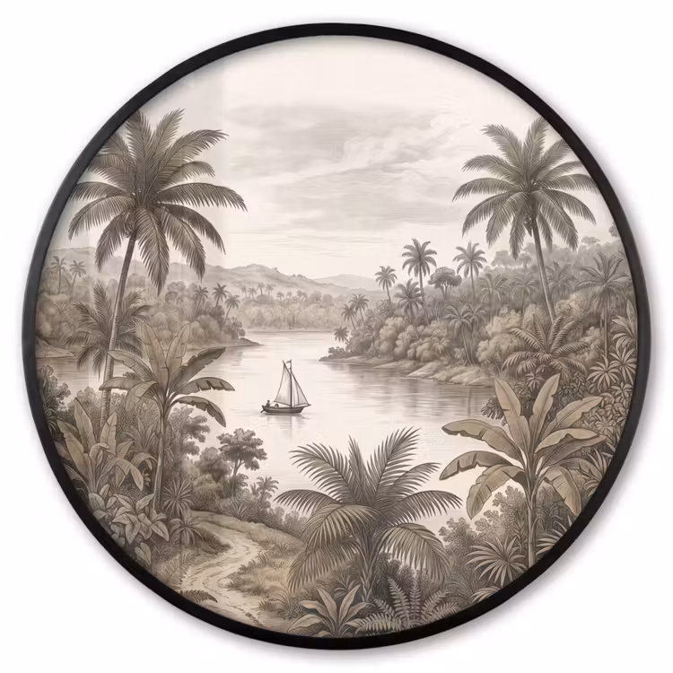 Ronde fotolijst - Landschap - Rivier - Boot - Tropisch - Vintage — 1