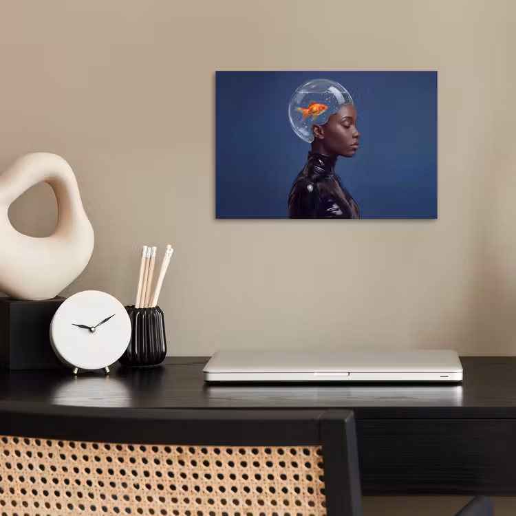 Poster - Vrouw - Goudvis - Hoofd - Abstract - Blauw — 2