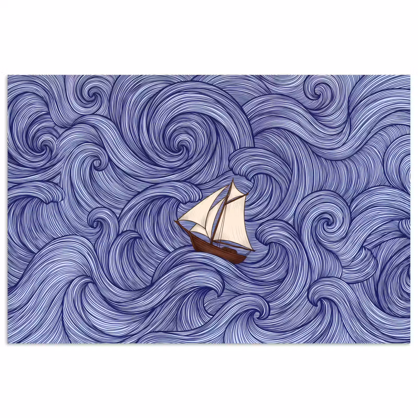 Poster - Schip - Golven - Zee - Illustratie - Blauw — 1