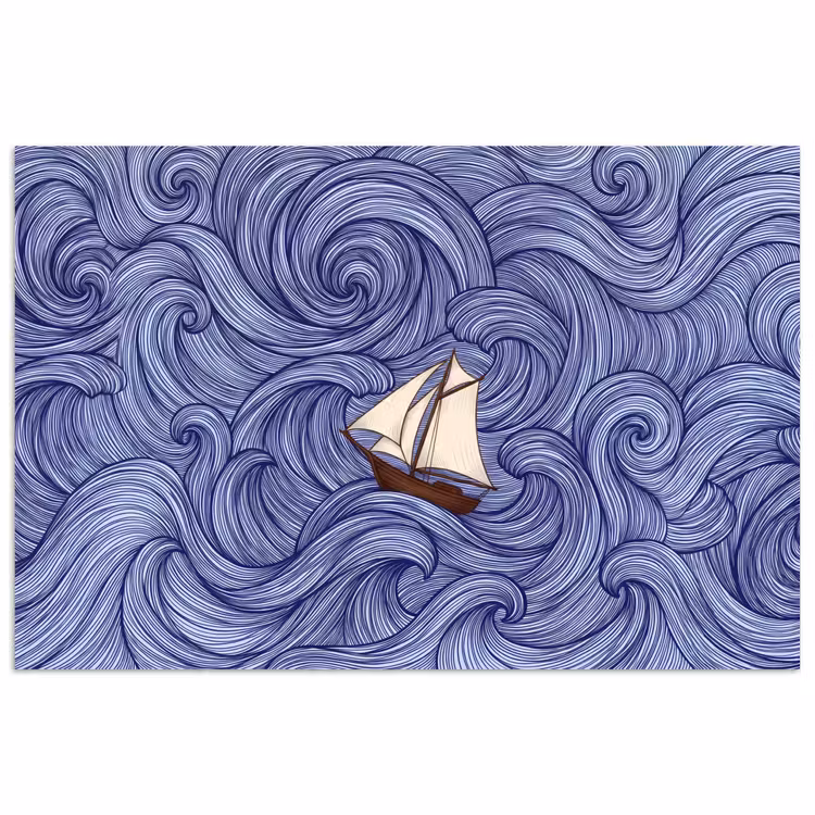 Poster - Schip - Golven - Zee - Illustratie - Blauw — 1