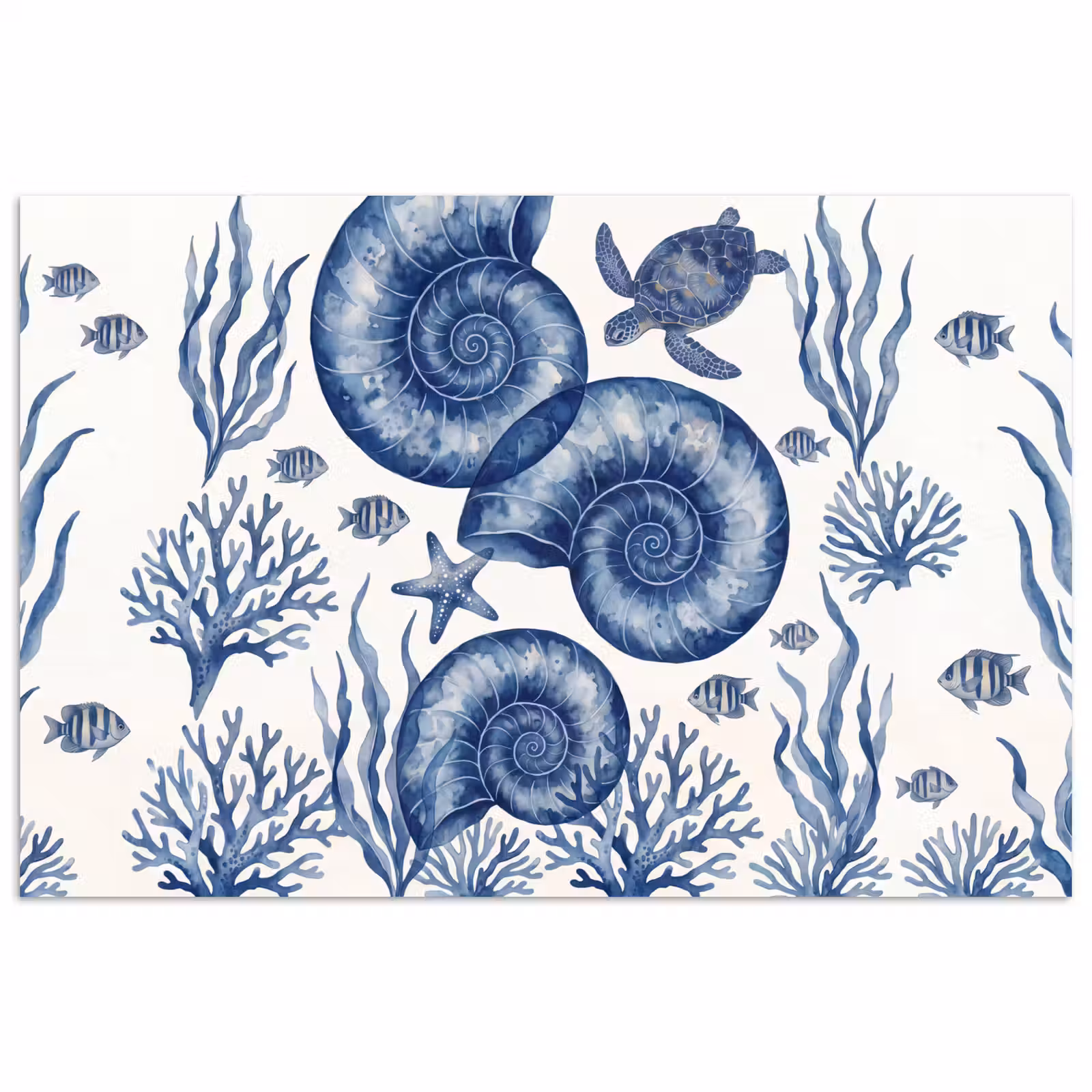 Poster - Schelp - Spiraal - Zeeleven - Aquarel - Blauw — 1