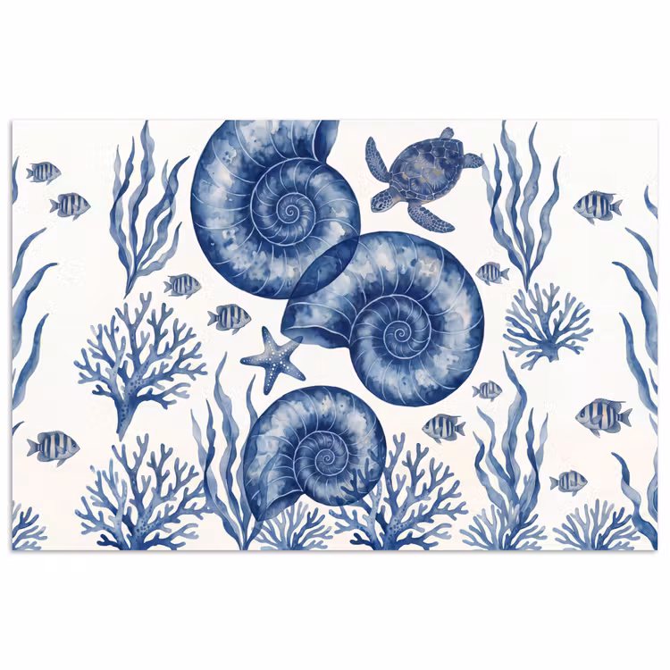 Poster - Schelp - Spiraal - Zeeleven - Aquarel - Blauw — 1