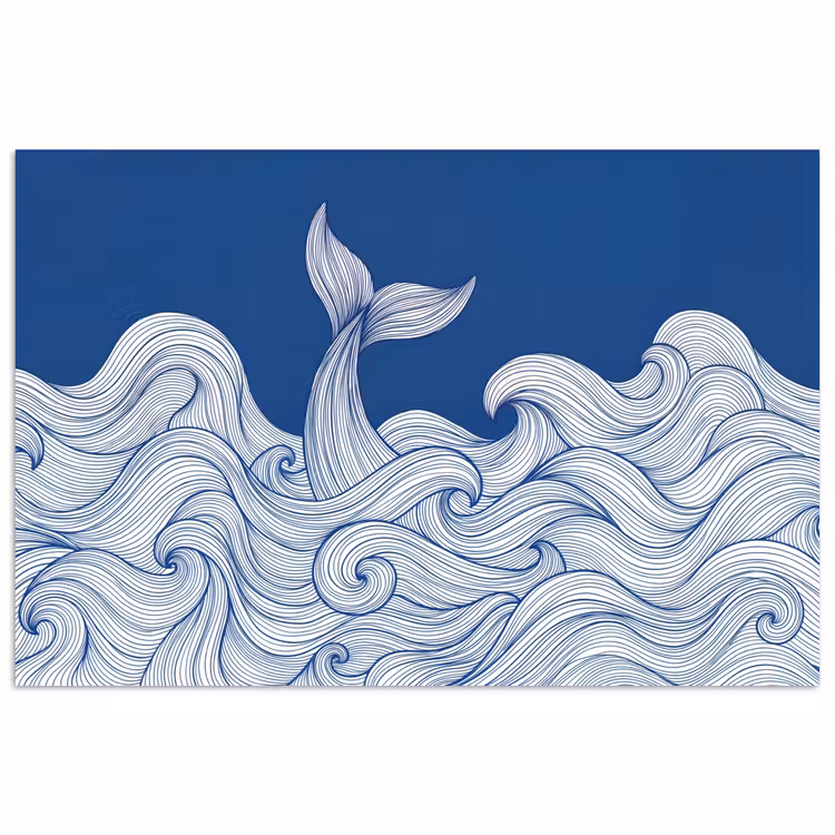 Poster - Walvis - Staart - Golven - Lijntekening - Blauw — 1