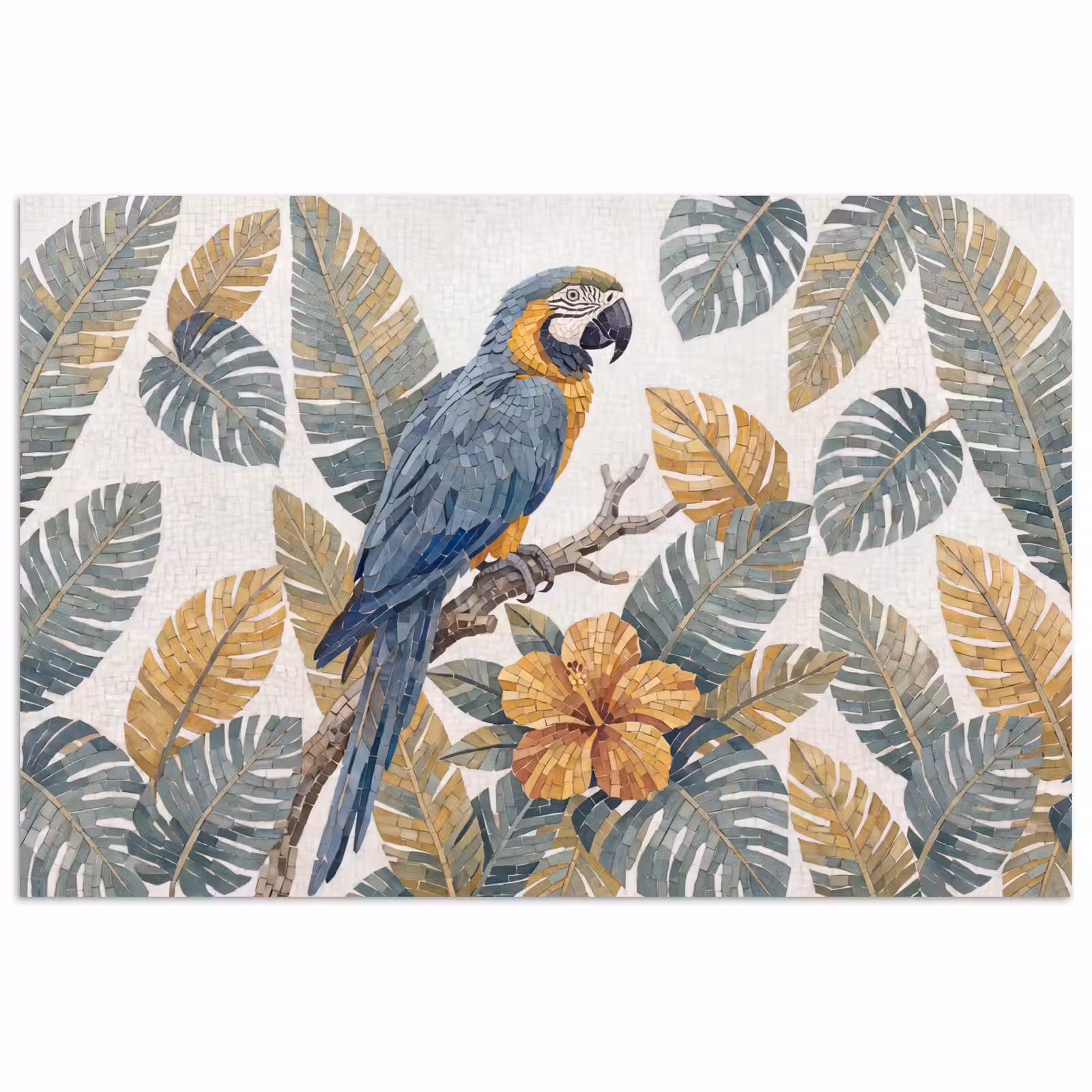 Poster - Vogel - Tak - Natuur - Mozaïek - Blauw — 1