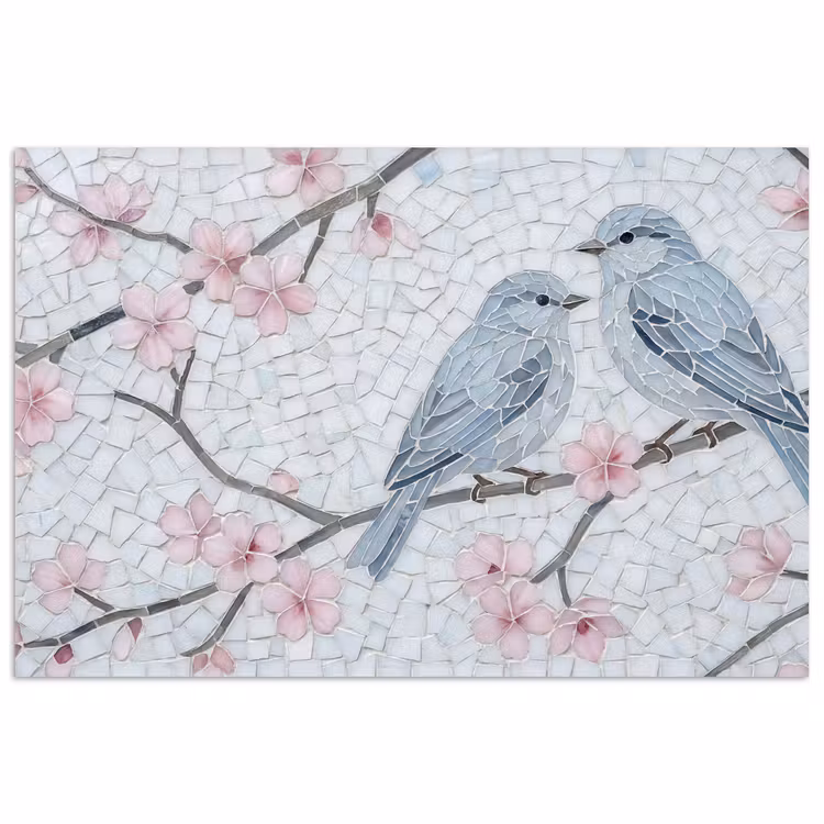 Poster - Vogel - Bloemen - Natuur - Mozaïek - Roze — 1