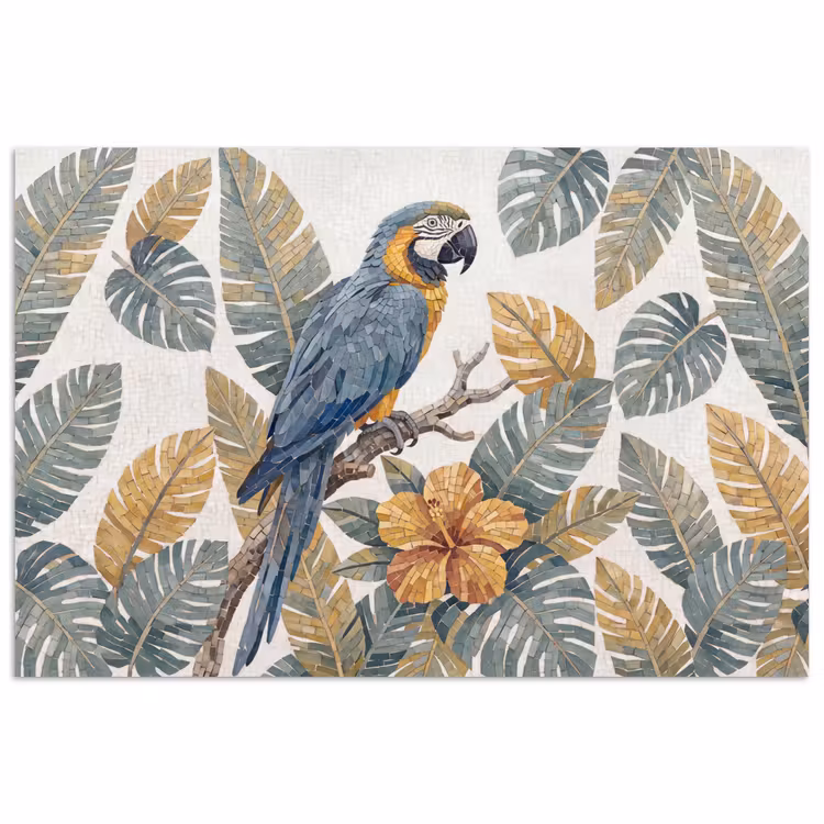 Poster - Vogel - Tak - Natuur - Mozaïek - Blauw — 1