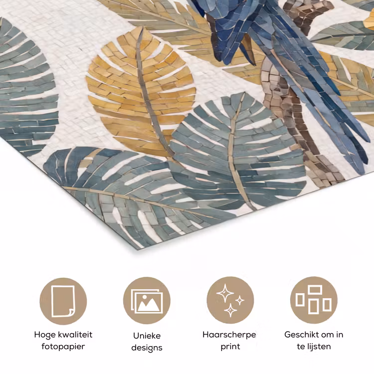 Poster - Vogel - Tak - Natuur - Mozaïek - Blauw — 5