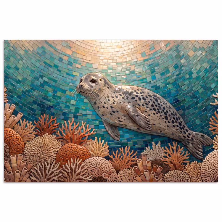 Poster - Zeehond - Mozaïek - Onderwater - Dieren - Blauw — 1
