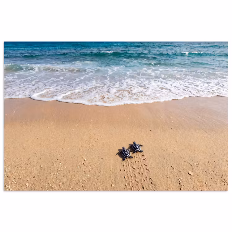 Poster - Schildpad - Jong - Strand - Oceaan - Blauw — 1