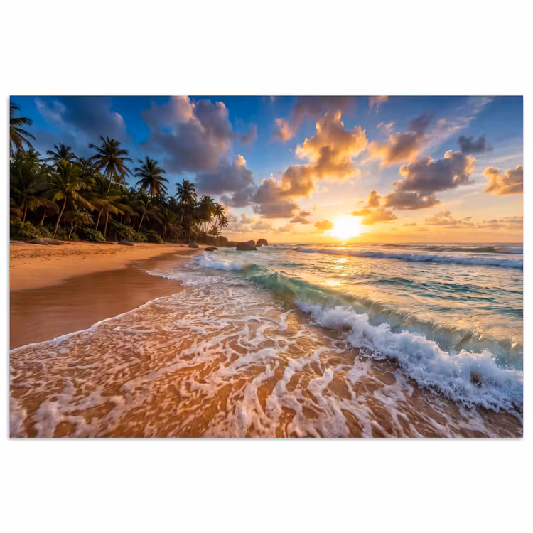 Poster - Strand - Zonsondergang - Golven - Natuur - Goud — 1