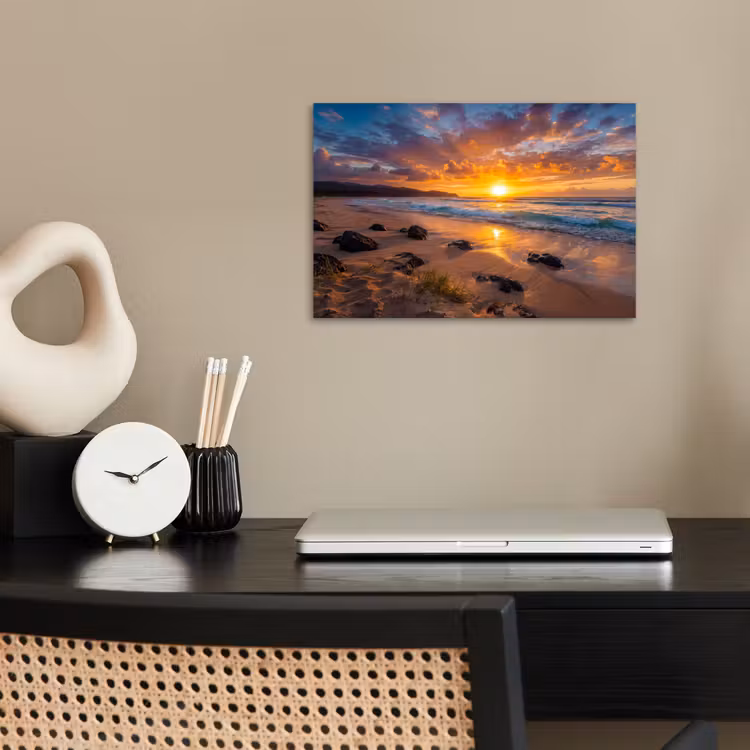 Poster - Strand - Zonsondergang - Golven - Natuur - Oranje — 2
